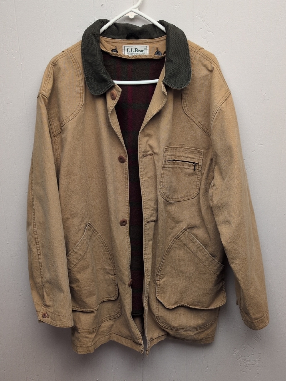 L.L. Bean Tan Canvas Field Coat with Dark Corduroy Collar Removable Liner